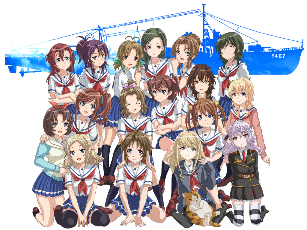 6+girls, blonde_hair, blue_eyes, blue_skirt, blush, boat, bow, brown_eyes