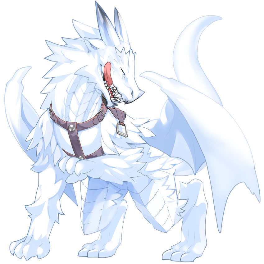 animal_focus, burko_(fate), claws, closed_eyes, dragon, dragon_horns, dragon_wings, fate/grand_order, fate_(series), full_body, game_cg, highres, horns, no_humans, official_art, open_mouth, robina, saddle, sharp_teeth, smile, stirrups_(riding), teeth, third-party_source, tongue, tongue_out, transparent_background, western_dragon, white_dragon, wings