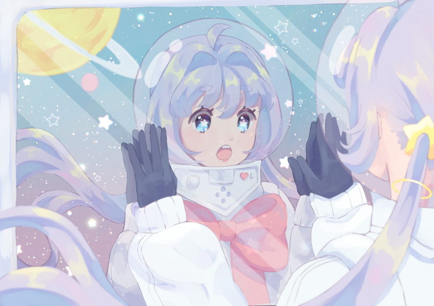 1girl, ahoge, black_gloves, blue_eyes, bow, bowtie, bright_pupils, buttons, closed_mouth, english_commentary, eyelashes, floating_hair, gloves, hair_intakes, hair_ornament, hair_through_headwear, heart, helmet, highres, indoors, kuraftii, lipstick, long_sleeves, looking_outside, low_twintails, makeup, open_mouth, original, pink_bow, pink_bowtie, pink_lips, planet, planetary_ring, puffy_long_sleeves, puffy_sleeves, reflection, reflection_focus, sleeves_past_wrists, solo, space, space_helmet, spacesuit, star-shaped_pupils, star_(sky), star_(symbol), star_hair_ornament, symbol-shaped_pupils, tareme, teeth, twintails, upper_body, upper_teeth_only, white_pupils, window