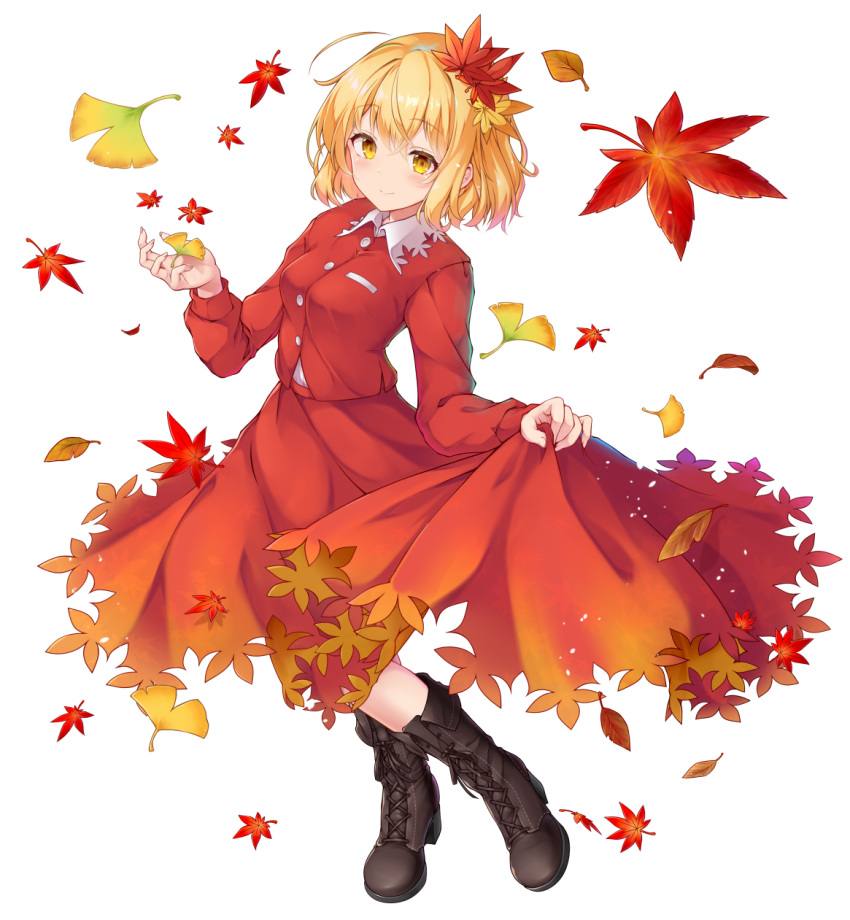 1girl, aka_tawashi, aki_shizuha, autumn_leaves, blonde_hair, boots, breasts, brown_boots