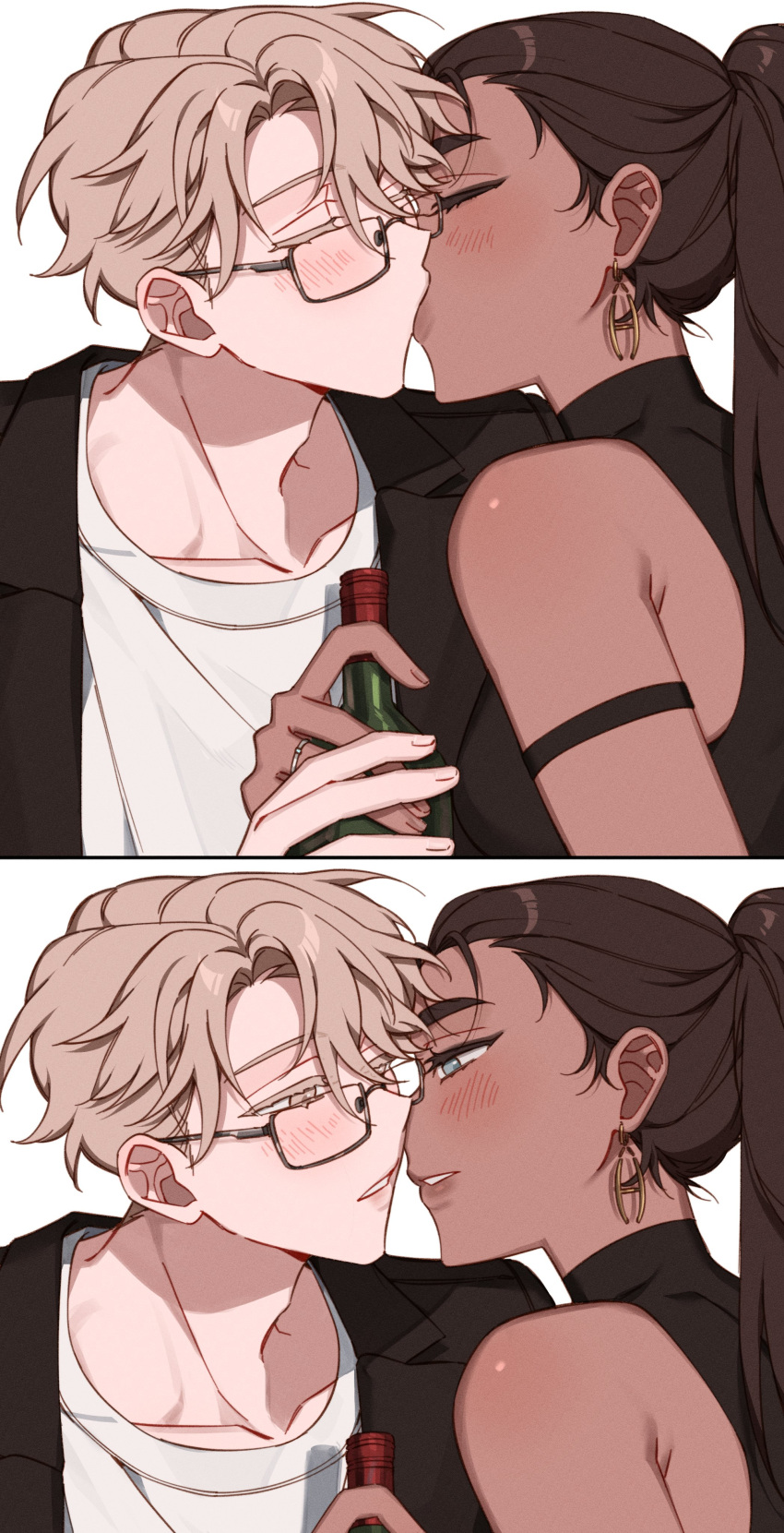 1boy, 1girl, absurdres, alien_stage, black_dress, black_jacket, blonde_hair, bottle, brown_hair, closed_eyes, commentary, dark-skinned_female, dark_skin, dress, earrings, english_commentary, glasses, grey_eyes, hetero, highres, holding, holding_bottle, hyuna_(alien_stage), jacket, jewelry, kiss, long_hair, luka_(alien_stage), majunjuu, official_alternate_costume, ponytail, shirt, short_hair, sleeveless, sleeveless_dress, sleeveless_turtleneck_dress, turtleneck, turtleneck_dress, very_short_hair, white_shirt, wine_bottle, yellow_eyes