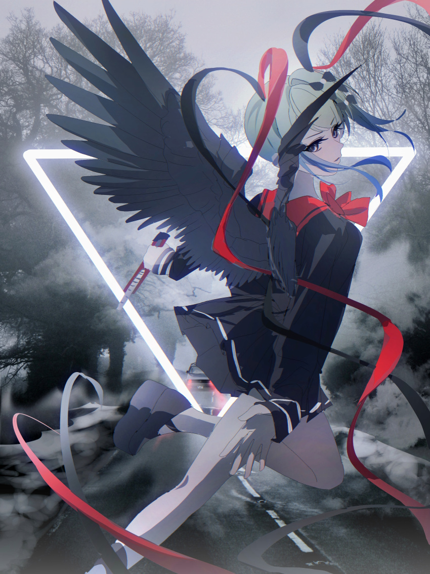 1girl, absurdres, angel, angel_wings, black_bow, black_hair, black_high_heels, black_serafuku, black_shirt, black_skirt, black_wings, bow, boxcutter, chouzetsusaikawa_tenshi-chan, chouzetsusaikawa_tenshi-chan_(dark_angel), dark_persona, gradient_hair, grey_eyes, grey_hair, hair_bow, high_heels, highres, holding, holding_boxcutter, junpaku_karen, looking_at_viewer, multicolored_hair, multiple_hair_bows, needy_girl_overdose, red_bow, red_hair, red_sailor_collar, sailor_collar, school_uniform, serafuku, shirt, skirt, wings