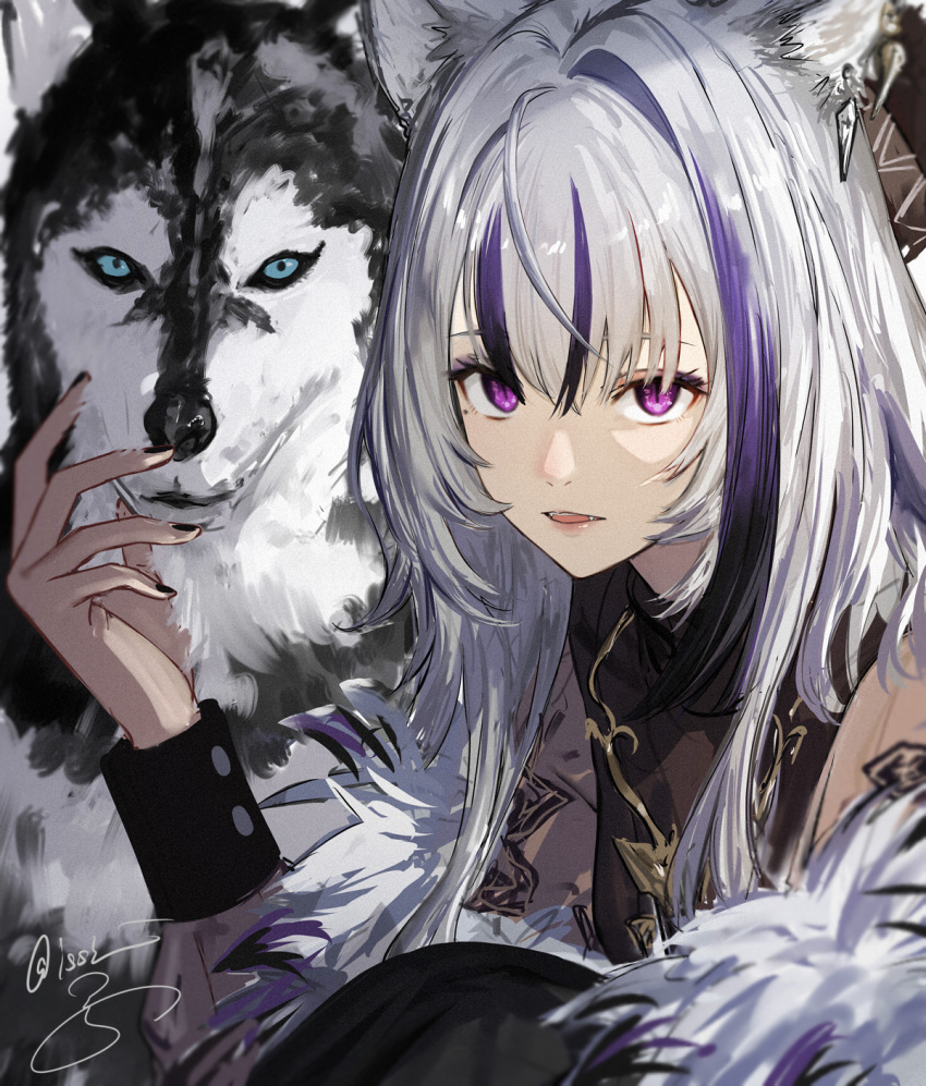 1girl, animal_ears, black_nails, black_shirt, black_sleeve_cuffs, blunt_bangs, close-up, fang, feather_boa, halter_shirt, halterneck, hand_on_animal, highres, higuchi_kaede, higuchi_kaede_(17th_costume), husky, isshiki_(ffmania7), kemonomimi_mode, long_sleeves, looking_at_viewer, mole, mole_under_eye, multicolored_hair, nijisanji, official_alternate_costume, official_alternate_hairstyle, open_mouth, petting, purple_hair, see-through_clothes, see-through_sleeves, shirt, signature, slit_pupils, solo, streaked_hair, two-tone_hair, violet_eyes, virtual_youtuber, white_hair, wolf_ears, wolf_girl