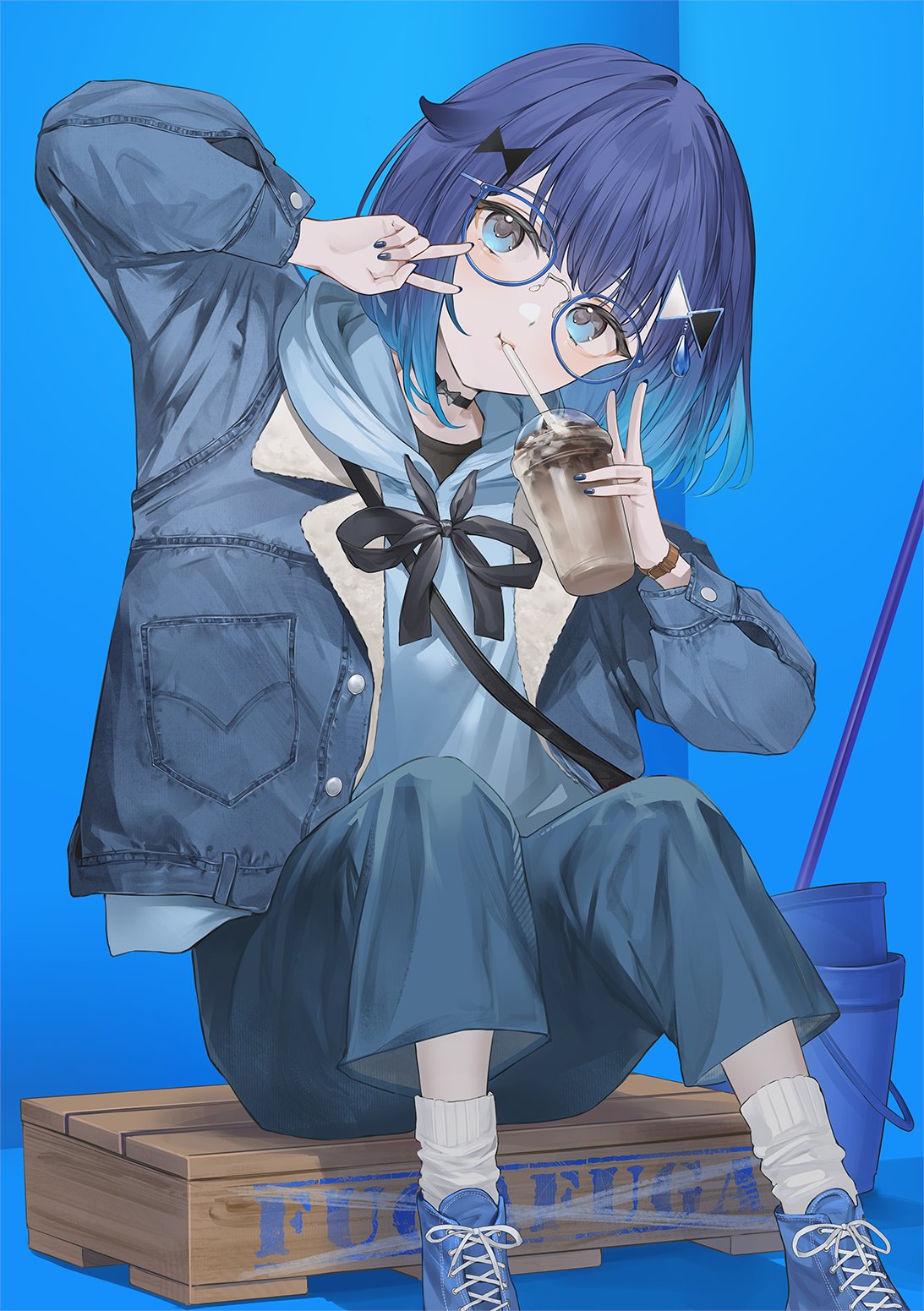 1girl, bespectacled, black_choker, black_ribbon, blue_background, blue_eyes, blue_hair, blue_hoodie