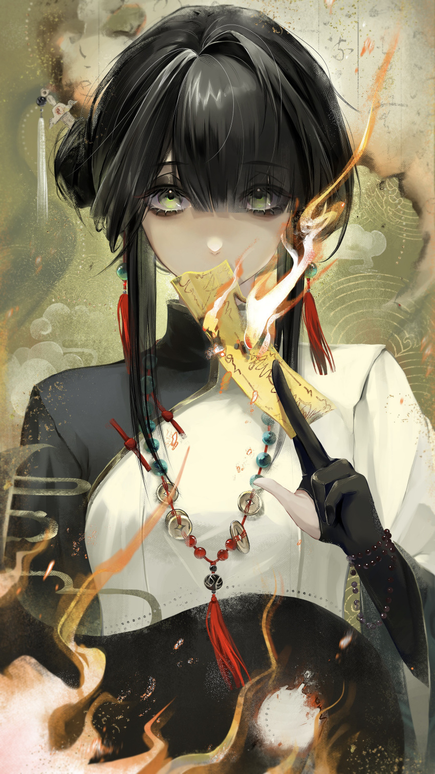 1girl, absurdres, bead_bracelet, bead_necklace, beads, black_dress, black_eyeshadow, black_gloves