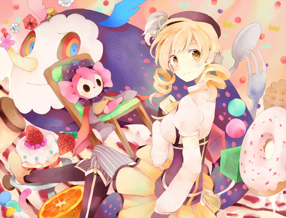 candy, charlotte_(madoka_magica), dessert, desserts, doughnut, drill_hair, food, fork