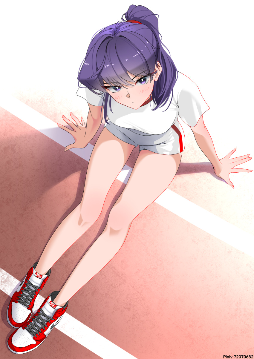 1girl, absurdres, arm_support, bare_legs, botttomtext, closed_mouth, from_above, gym_uniform