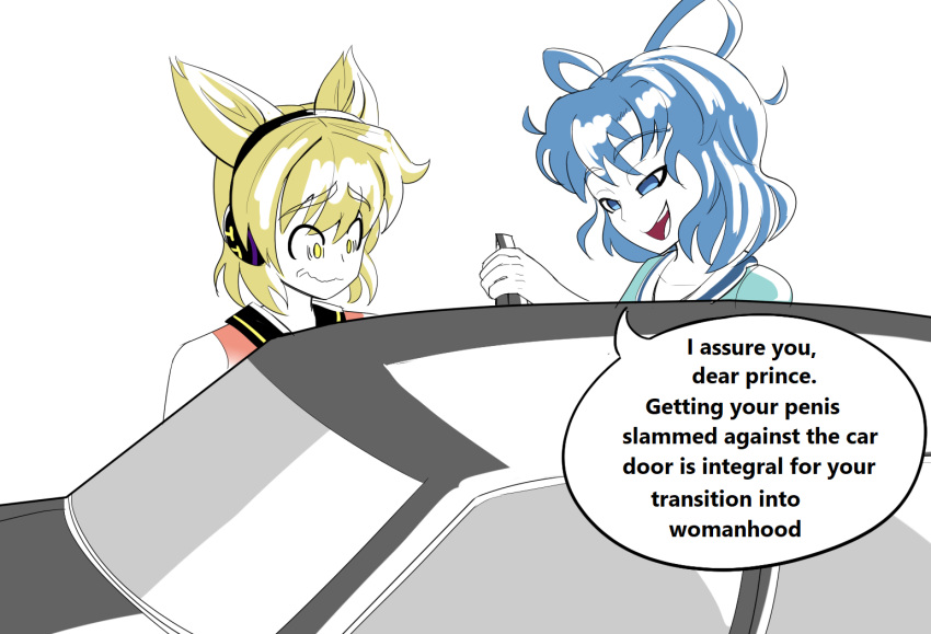 1boy, 1girl, blue_eyes, blue_hair, car, closed_mouth, commentary, english_commentary