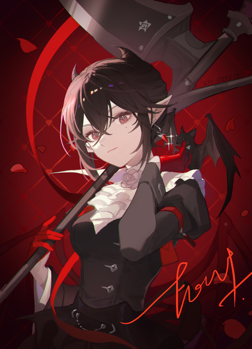 1girl, absurdres, arknights, ascot, bat_(animal), black_dress, black_hair, blue_shrimp