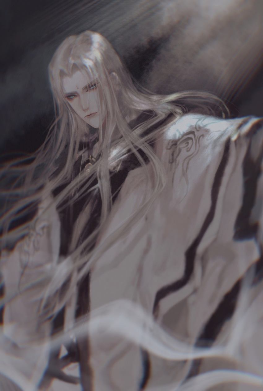 1boy, absurdres, black_background, black_hanfu, blonde_hair, chinese_clothes, closed_mouth, curtained_hair