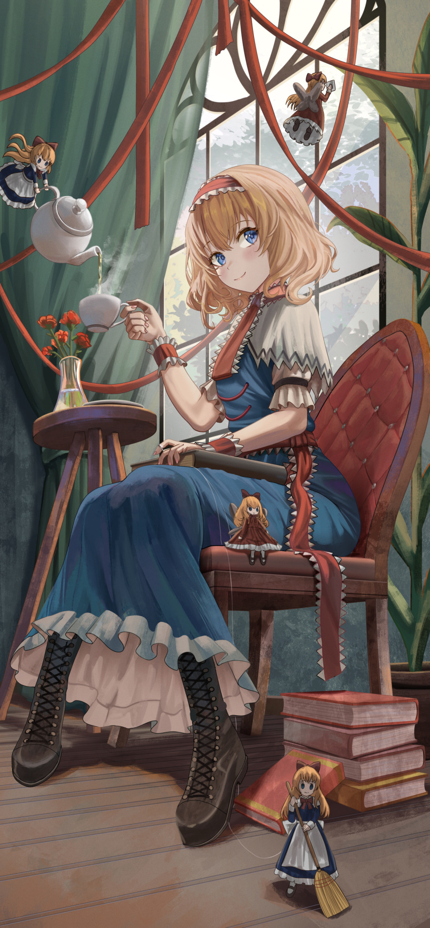 1girl, absurdres, alice_margatroid, ascot, blonde_hair, blue_dress, blue_eyes, blue_skirt