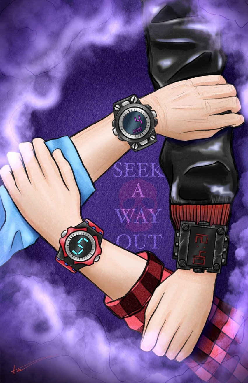 bonus_points_shop, commentary, english_commentary, english_text, hand_on_another's_arm, haze, highres, junpei_(kyokugen_dasshutsu)