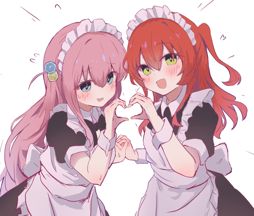 2girls, absurdres, apron, black_bow, black_dress, blue_eyes, blush, bocchi_the_rock!