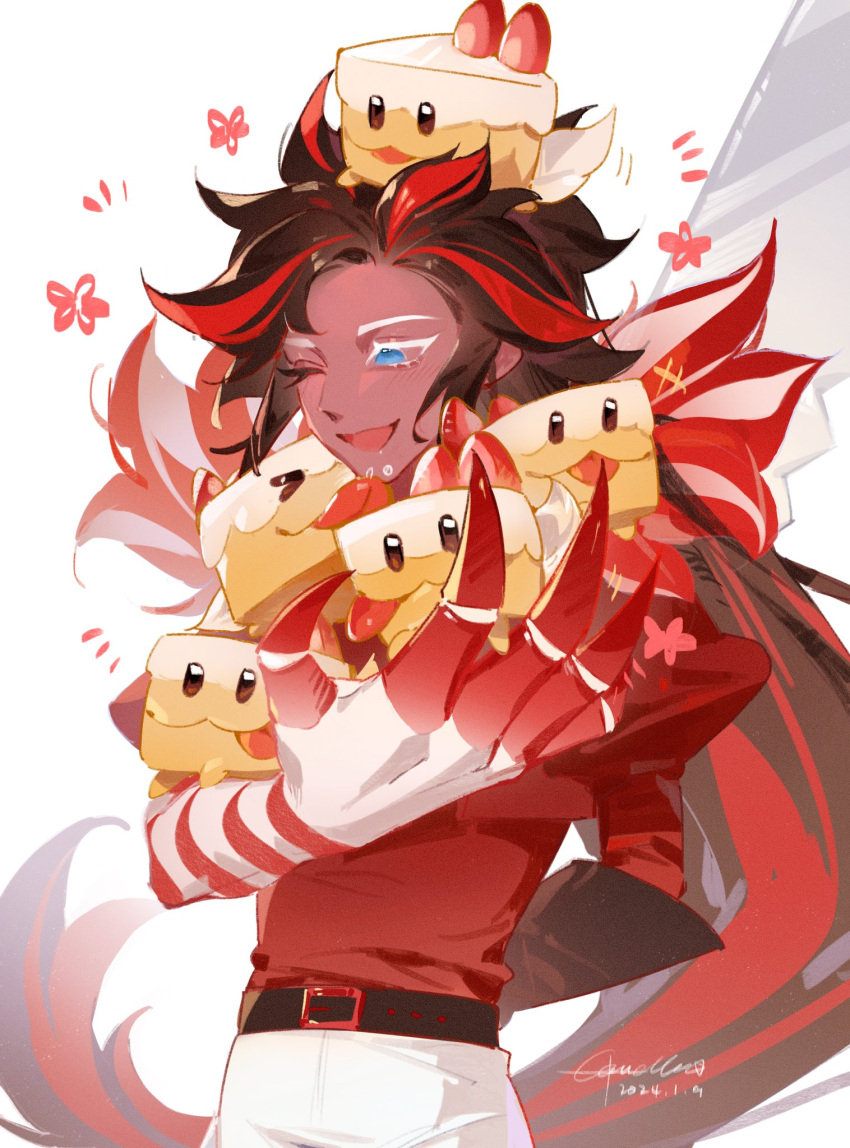 1boy, 4zj5dskv8tyjdji, arm_behind_back, artist_name, asymmetrical_arms, belt, belt_buckle, black_belt, black_gloves, black_hair, blue_eyes, blush, buckle, cake_hound, chinese_commentary, claws, colored_skin, commentary_request, cookie_run, cookie_run:_kingdom, cowboy_shot, cream_cake_hound, creature, cropped_jacket, dated, elbow_gloves, flower_symbol, fur_collar, gloves, happy_aura, highres, holding, holding_creature, humanization, jacket, long_hair, male_focus, multicolored_hair, notice_lines, one_eye_closed, open_clothes, open_jacket, open_mouth, pants, puffy_sleeves, red_hair, red_jacket, red_shirt, red_skin, red_velvet_cookie, shirt, signature, simple_background, single_glove, smile, solo, standing, streaked_hair, tongue, tongue_out, two-tone_hair, very_long_hair, white_background, white_pants
