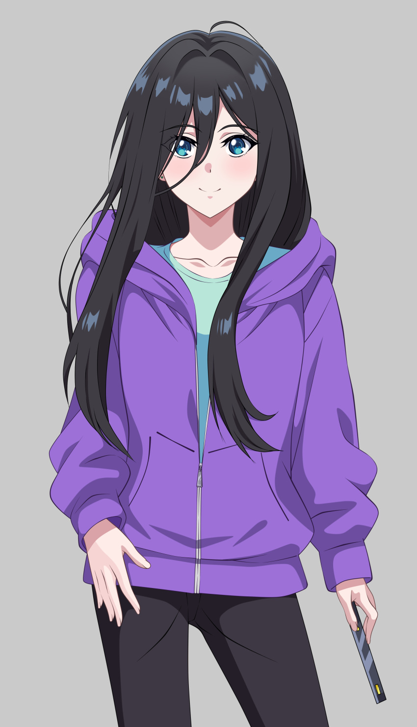 1girl, absurdres, black_pants, blue_eyes, ear_piercing, grey_background, hair_between_eyes, hand_on_own_hip, highres, hirose_natsuko, holding, hood, hood_down, hoodie, kiniro_tofu, long_hair, pants, piercing, purple_hoodie, smile, solo, zenshuu, zipper