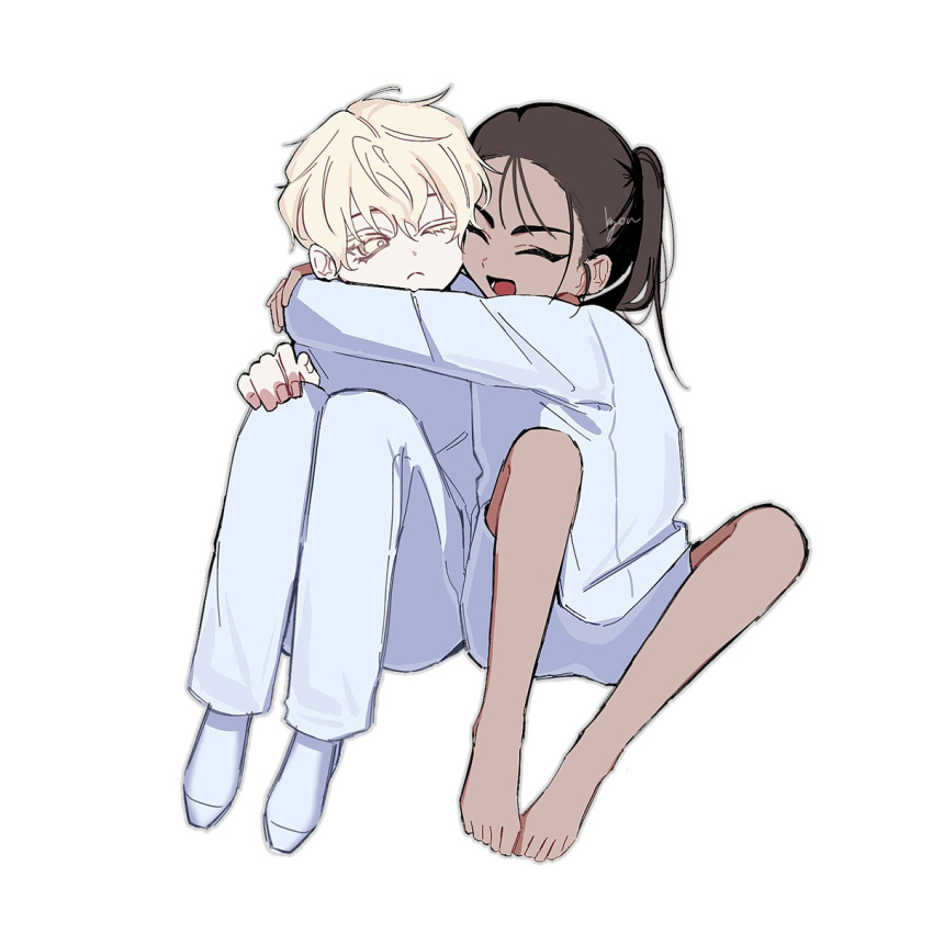 1boy, 1girl, aged_down, alien_stage, barefoot, brown_hair, child, closed_eyes