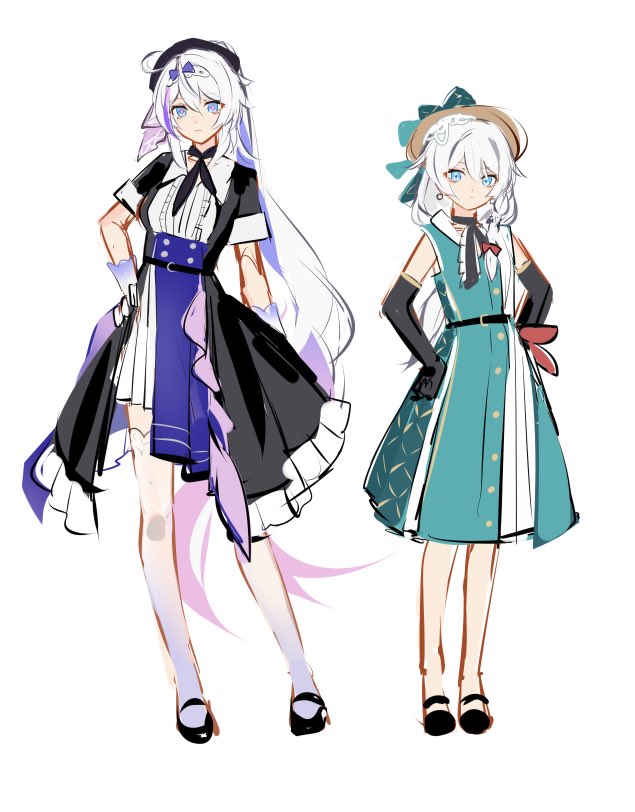 2girls, ahoge, anniversary, aunt_and_niece, black_choker, black_dress, black_gloves, black_hat