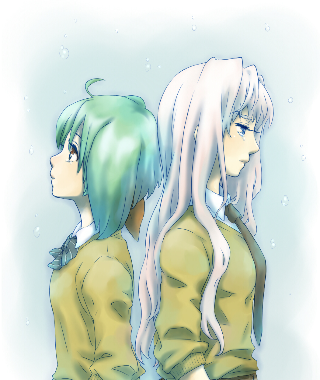 back-to-back, bad_id, blue_eyes, brown_eyes, green_hair, highres, long_hair, macross