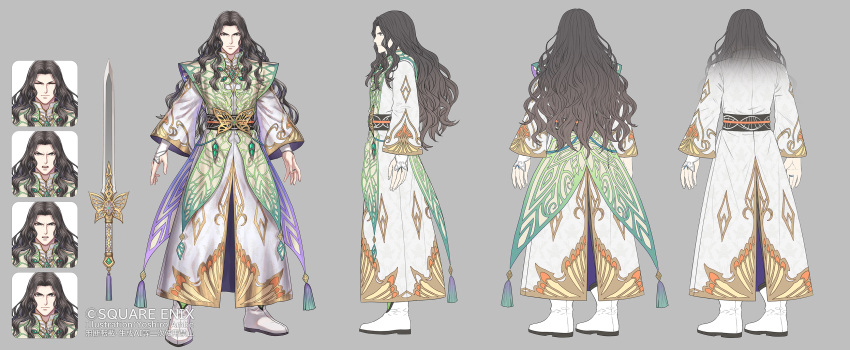 1boy, absurdres, anbe_yoshirou, angry, ankle_boots, artist_name, black_sash, boots, closed_eyes, closed_mouth, coat, commentary_request, copyright_notice, curtained_hair, expressionless, full_body, grey_background, grey_hair, highres, long_hair, long_sleeves, male_focus, multiple_expressions, official_art, open_mouth, romancing_saga_2, saga, sash, standing, sword, wagnas, wavy_hair, weapon, white_boots, white_coat, wide_sleeves