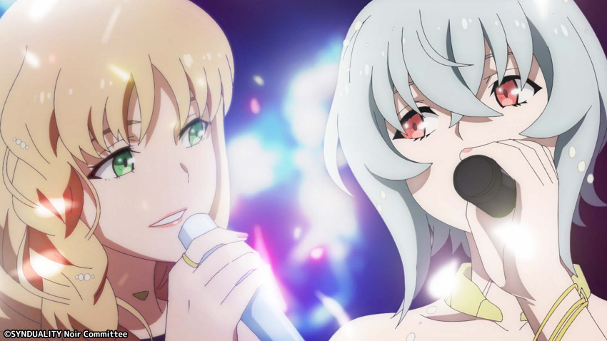 2girls, bare_shoulders, blonde_hair, bracelet, braid, ciel_(synduality), collarbone, cropped_shoulders
