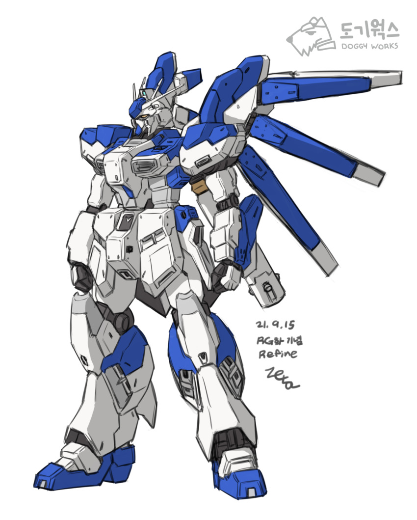2021, char's_counterattack, char's_counterattack_-_beltorchika's_children, colored_lineart, dated, dog, gundam, hi-nu_gundam, highres, korean_commentary, korean_text, logo, mecha, mecha_focus, mixed-language_text, mobile_suit, no_humans, original, redesign, robot, science_fiction, sketch, v-fin, z006