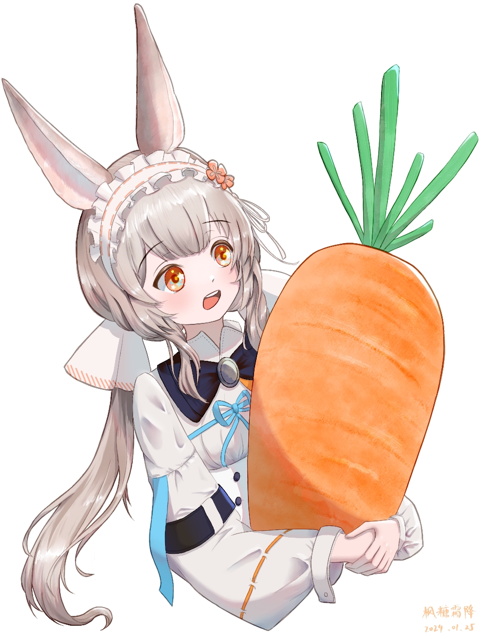1girl, animal_ears, arknights, blue_ribbon, blush, carrot, chinese_commentary, commentary_request, cropped_torso, dated, feng_tang_shuangjiang, food, frilled_hairband, frills, grey_hair, hairband, highres, holding, holding_food, long_hair, long_sleeves, open_mouth, orange_eyes, oversized_food, oversized_object, ribbon, ribbon-trimmed_hairband, ribbon-trimmed_sleeves, ribbon_trim, simple_background, solo, teeth, upper_teeth_only, warmy_(arknights), white_background, white_hairband