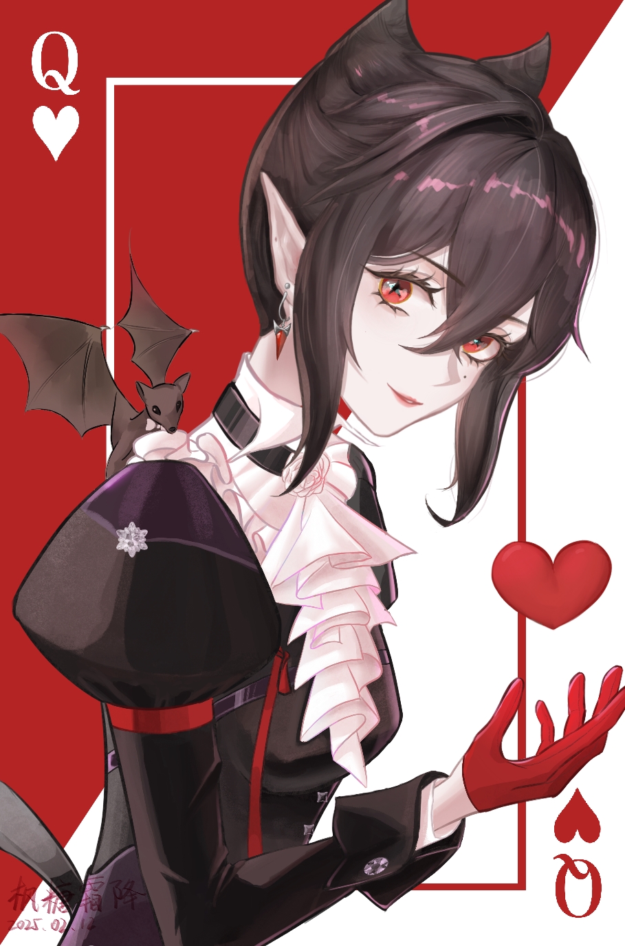 1girl, animal, arknights, ascot, bat_(animal), black_hair, chinese_commentary, commentary_request, crossed_bangs, dated, earrings, entelechia_(arknights), feng_tang_shuangjiang, gloves, hair_between_eyes, hair_horns, heart, highres, jewelry, juliet_sleeves, light_smile, long_sleeves, looking_at_viewer, parted_lips, partial_commentary, pointy_ears, puffy_sleeves, red_background, red_eyes, red_gloves, short_hair, solo, two-tone_background, upper_body, white_ascot, white_background