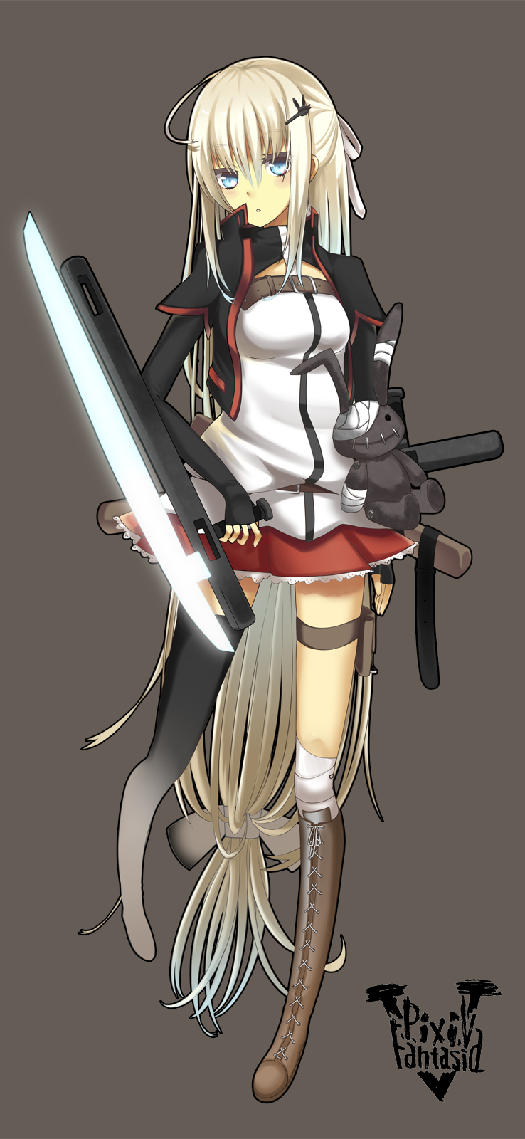 arm_blade, glowing, grey, hair_bow, highres, long_hair, pixiv_fantasia, pixiv_fantasia_5
