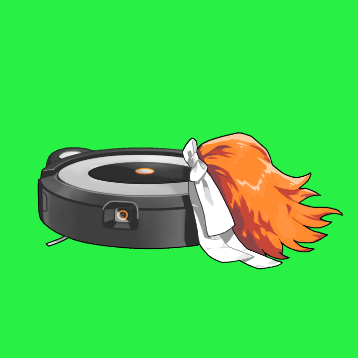 a.i._voice, adachi_rei, commentary_request, green_background, hair_ribbon, no_humans, object_focus, reakaki, ribbon, robotic_vacuum_cleaner, side_ponytail, simple_background, utau, white_ribbon