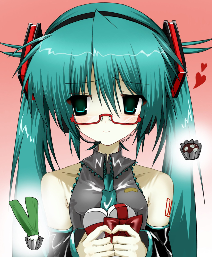 1girl, 2000s_(style), aqua_eyes, aqua_hair, blush, detached_sleeves, glasses, hatsune_miku, heart, highres, necktie, shiny_clothes, shirt, sleeveless, sleeveless_shirt, solo, spring_onion, tmgw09, twintails, vocaloid