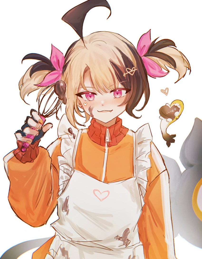 1girl, ahoge, alternate_costume, apron, black_gloves, blonde_hair, brown_hair, closed_mouth, fang, fingerless_gloves, gigi_murin, gloves, grem_(gigi_murin), hair_ribbon, happy_(yppah1060), heart, highres, holding, holding_whisk, hololive, hololive_english, jacket, looking_at_viewer, orange_jacket, pink_eyes, pink_ribbon, ribbon, simple_background, tail, track_jacket, twintails, virtual_youtuber, whisk, white_apron, white_background