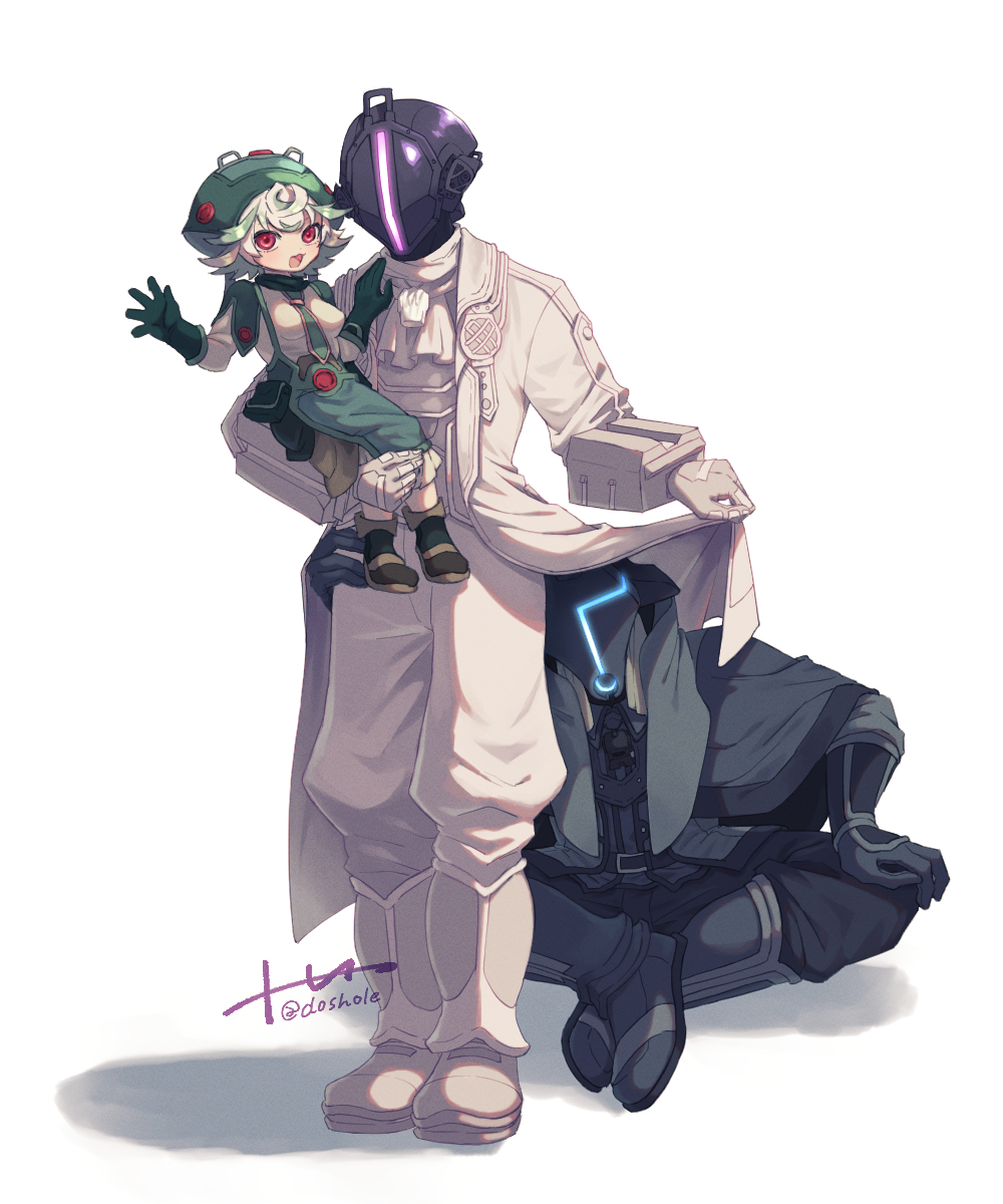 1girl, 2boys, alternate_color, ascot, black_coat, black_gloves, blush, bondrewd