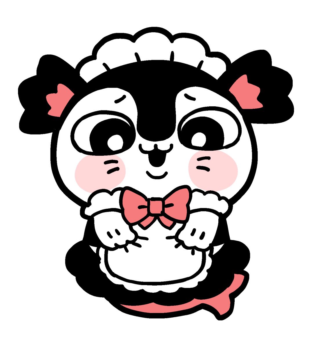 :3, :d, apron, bkub, black_eyes, blush, bow, bowtie, bright_pupils, chiikawa, fins, fish_tail, furrowed_brow, maid_apron, maid_headdress, no_humans, open_mouth, red_bow, red_bowtie, simple_background, siren_(chiikawa), smile, solo, tail, whiskers, white_apron, white_background, white_pupils