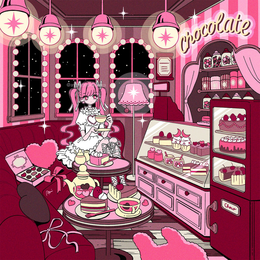1girl, bow, cake, cake_slice, closed_mouth, couch, cup, cupcake