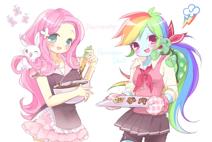 2girls, angel_bunny, animification, aqua_eyes, blue_skin, blush, bowl, butterfly_hair_ornament