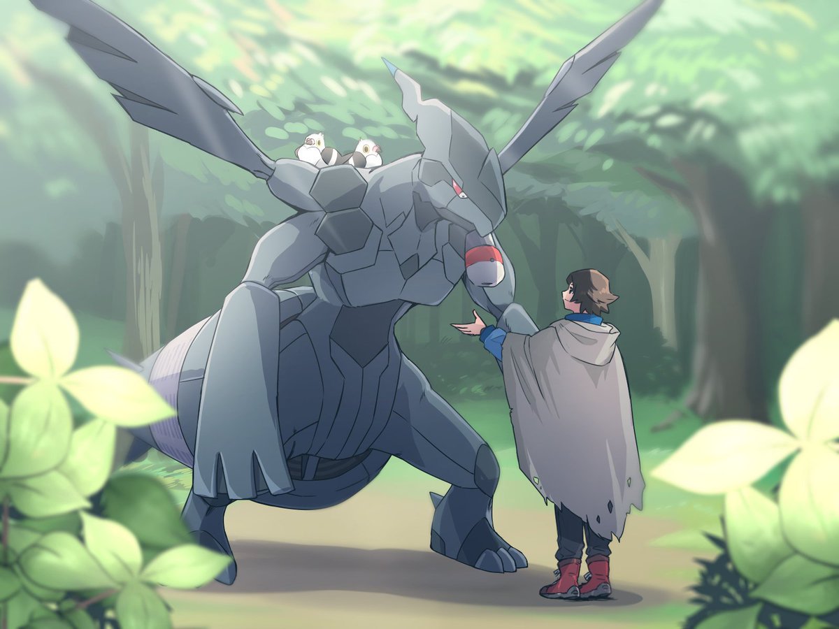 1boy, boots, brown_hair, cloak, hilbert_(pokemon), male_focus, nature, outdoors