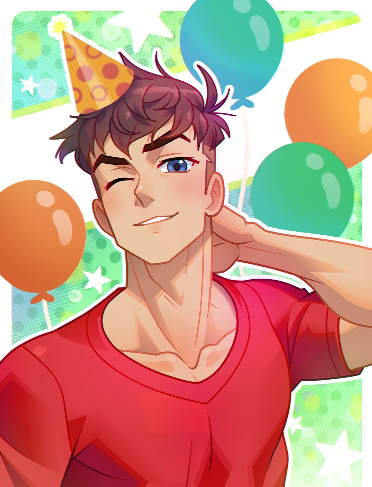 1boy, ace_(blush_blush), balloon, blue_eyes, blush_blush, brown_hair, english_commentary, hand_on_own_neck