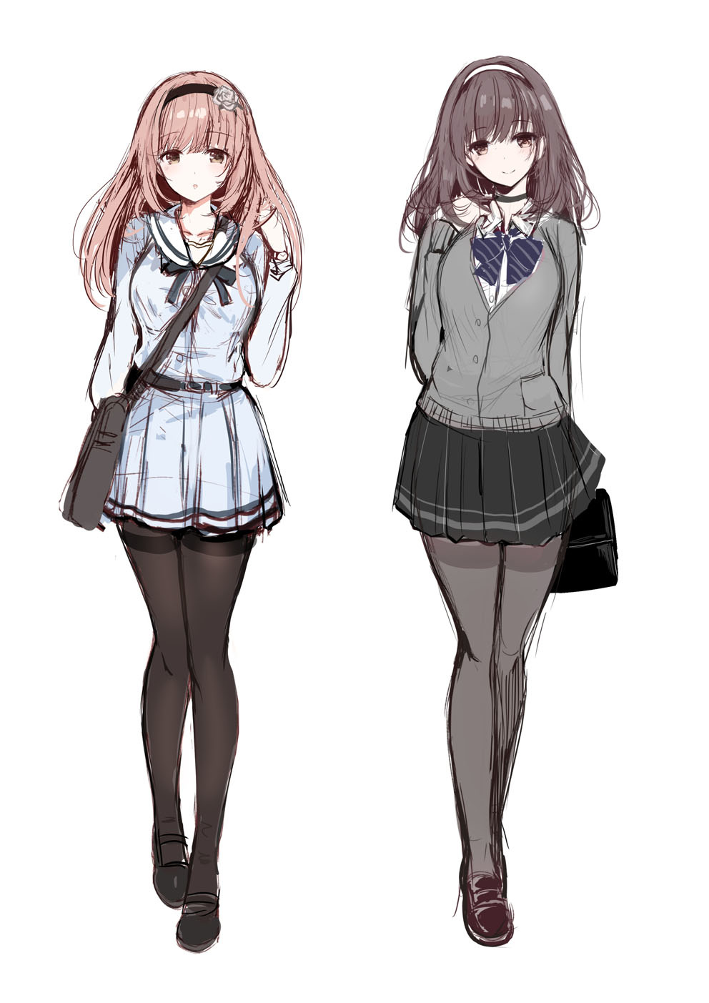 2girls, :o, bag, black_bag, black_choker, black_hair, black_hairband, black_pantyhose