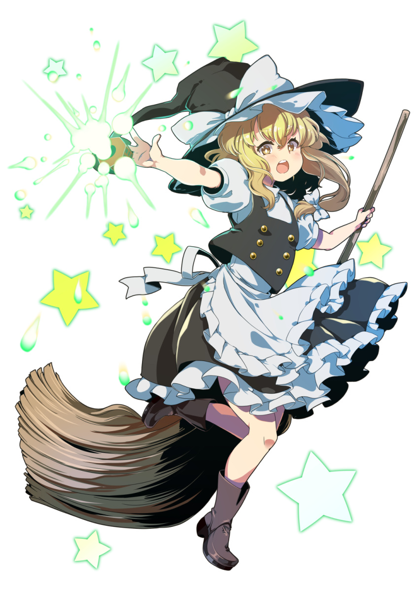 1girl, apron, black_hat, black_vest, blonde_hair, boots, bow, broom, brown_boots, frilled_skirt, frills, game_cg, hair_bow, hakurei_frontier_spell_strive, hat, hat_bow, highres, holding, holding_broom, inagata, kirisame_marisa, long_hair, mini-hakkero, official_art, puffy_short_sleeves, puffy_sleeves, short_sleeves, skirt, solo, star_(symbol), third-party_source, touhou, transparent_background, vest, waist_apron, white_apron, white_bow, witch_hat, yellow_eyes