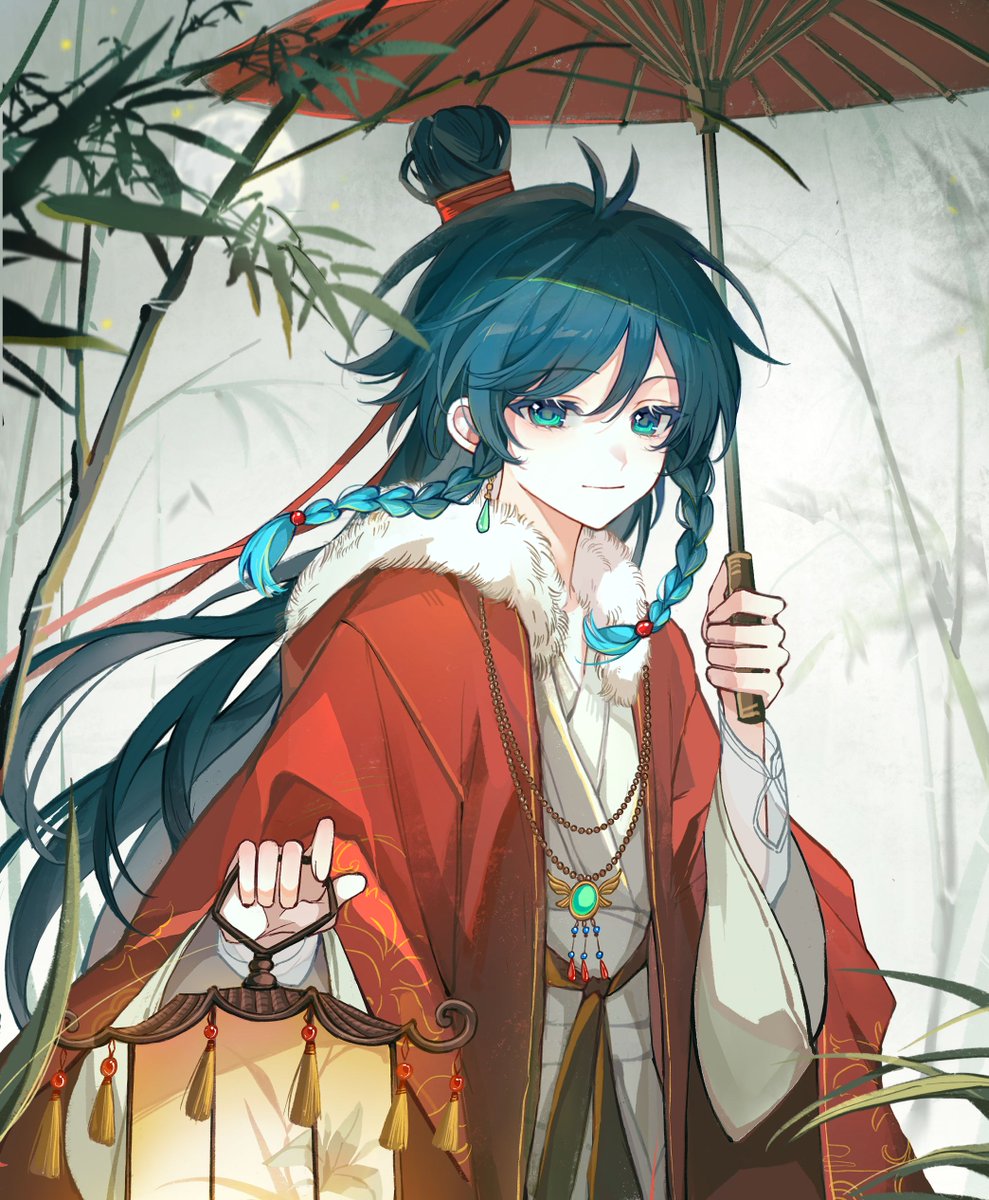 1boy, aqua_hair, black_hair, braid, chinese_clothes, closed_mouth, earrings, fur-trimmed_jacket