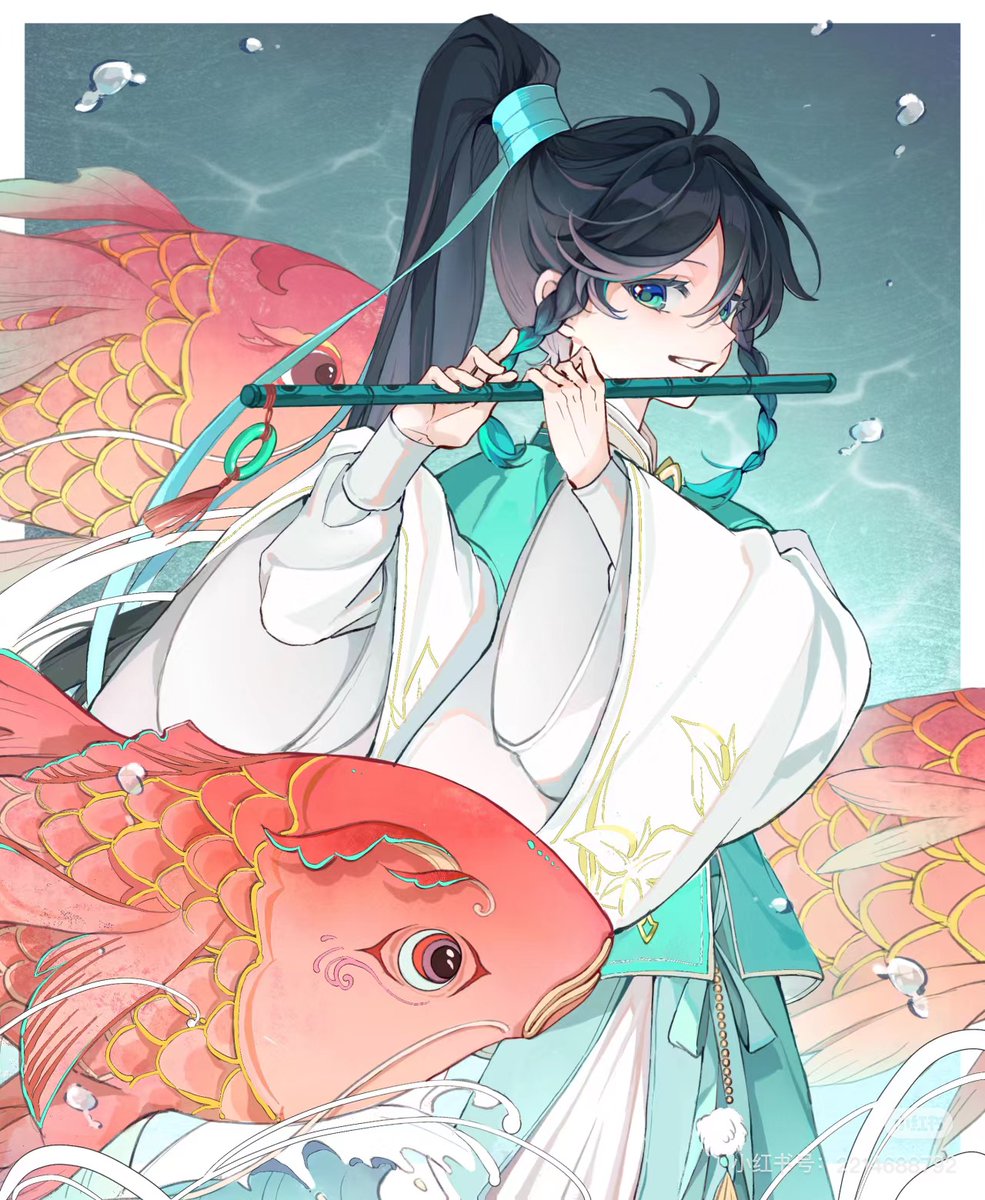 1boy, alternate_hairstyle, aqua_eyes, aqua_hair, black_hair, braid, chinese_clothes, fish