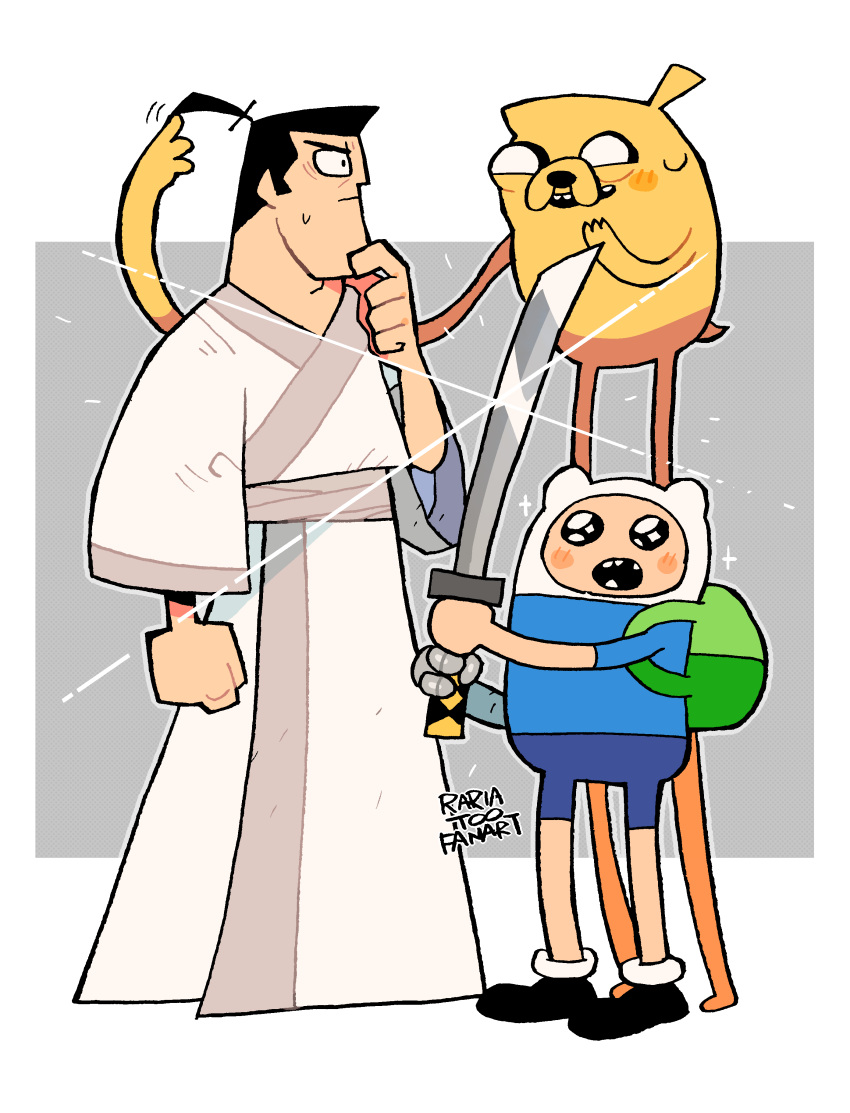 3boys, absurdres, adventure_time, backpack, bag, black_eyes, black_hair, blonde_hair