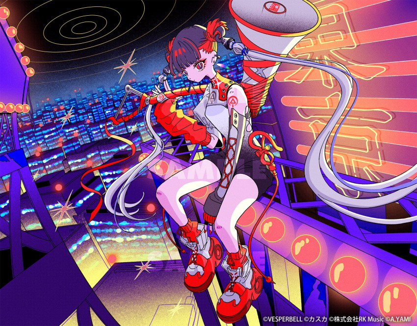 1girl, arm_warmers, city, city_lights, cityscape, dress, eyeshadow, gradient_clothes, gradient_dress, gradient_sky, highres, holding, holding_megaphone, kasuka_(vesperbell), long_hair, looking_at_viewer, makeup, megaphone, nakazawa_ayami, neon_lights, night, night_sky, on_railing, railing, red_eyes, red_eyeshadow, red_nails, red_shoes, red_socks, sample_watermark, shoulder_tattoo, single_arm_warmer, sky, skyline, sleeveless, sleeveless_dress, socks, solo, tattoo, turtleneck, twintails, very_long_hair, vesperbell, watermark