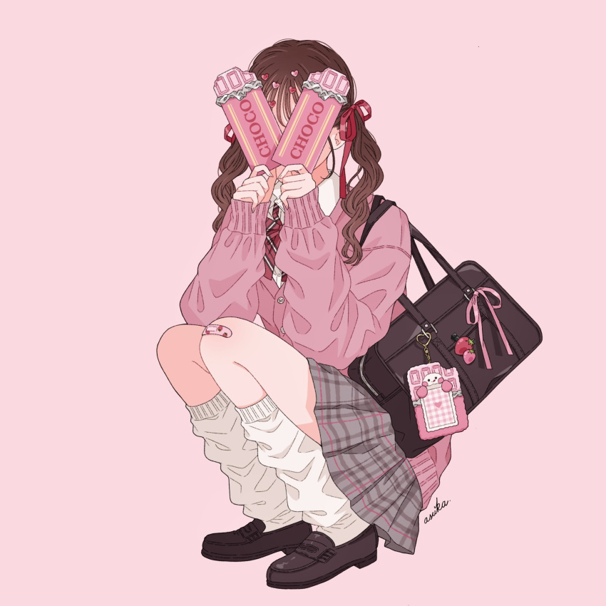 asuka_(a20_suka002018), bag, bag_charm, bow, brown_hair, brown_shoes, candy, cardigan, charm_(object), chocolate, chocolate_bar, covered_face, food, full_body, hair_ornament, highres, leg_warmers, long_hair, long_sleeves, original, pink_background, pink_cardigan, pleated_skirt, red_bow, school_bag, school_uniform, simple_background, skirt, square, twintails, variant_set, white_leg_warmers, wispy_bangs