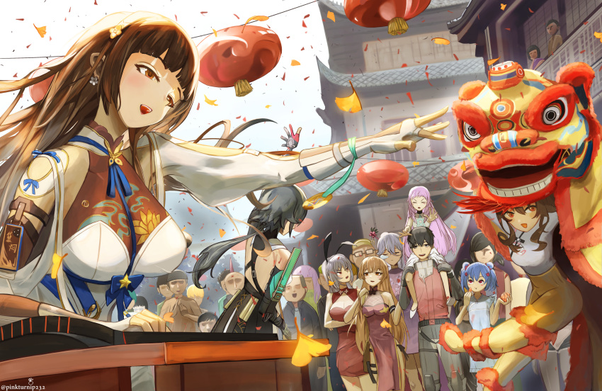6+boys, 6+girls, absurdres, animal_ears, architecture, black_hair, blue_hair, brown_hair