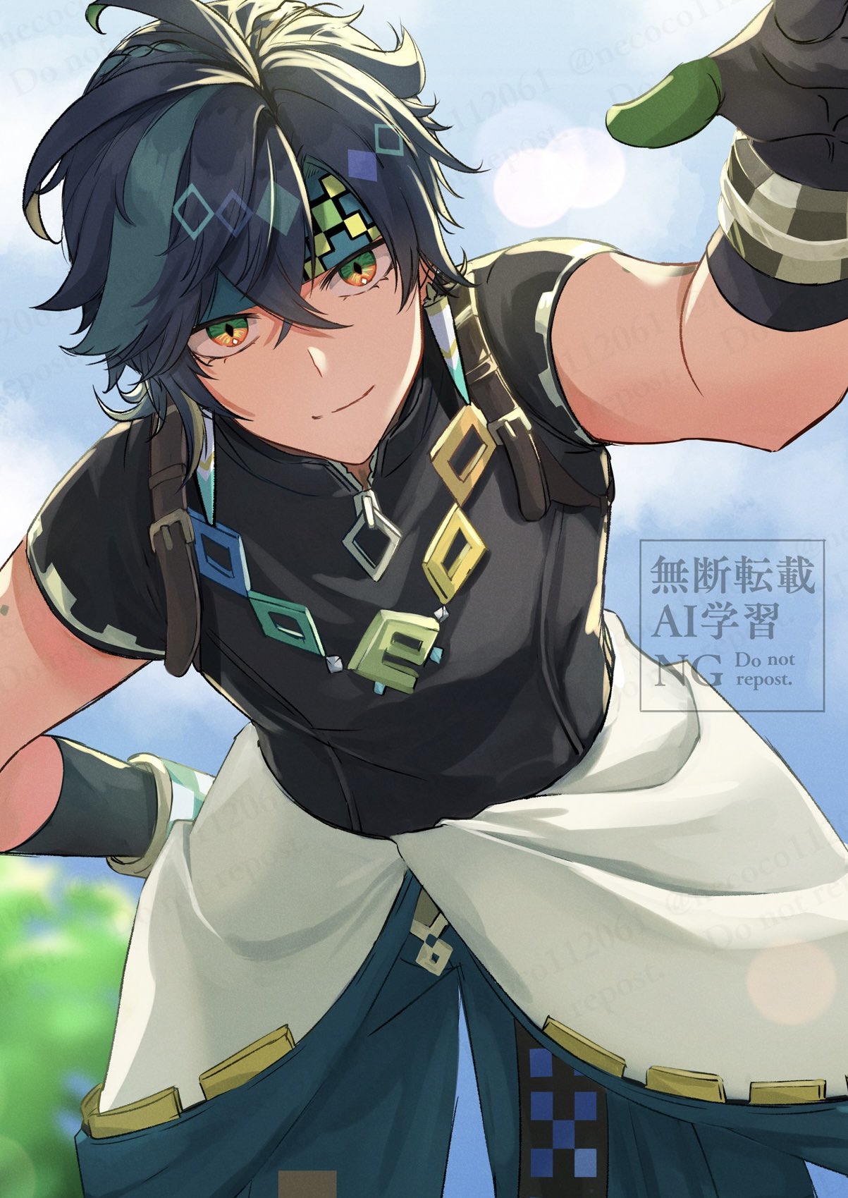 1boy, aqua_headband, black_gloves, black_hair, black_shirt, closed_mouth, clothes_around_waist, clouds