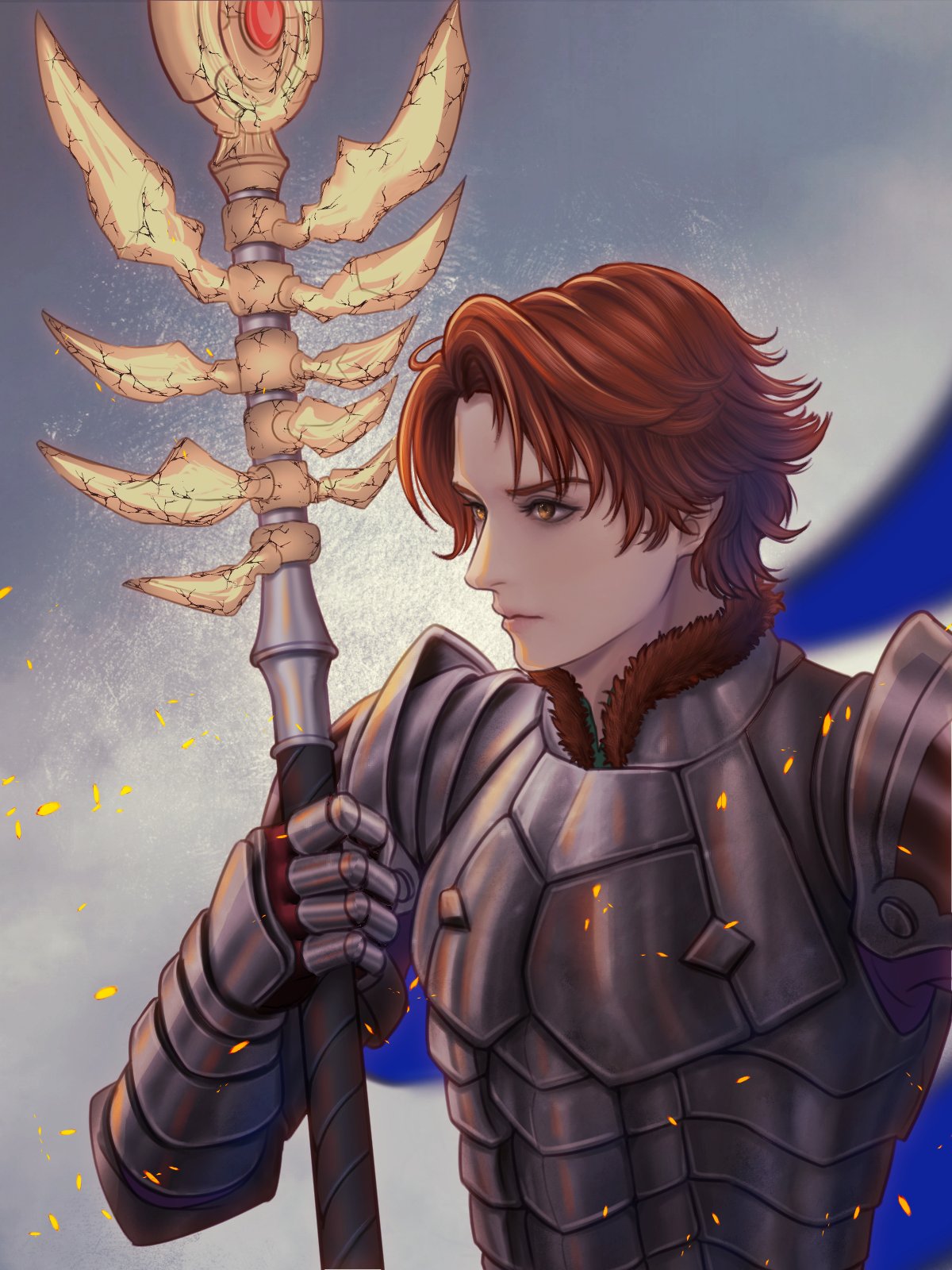 1boy, arm_up, armor, breastplate, closed_mouth, commentary_request, embers, english_commentary