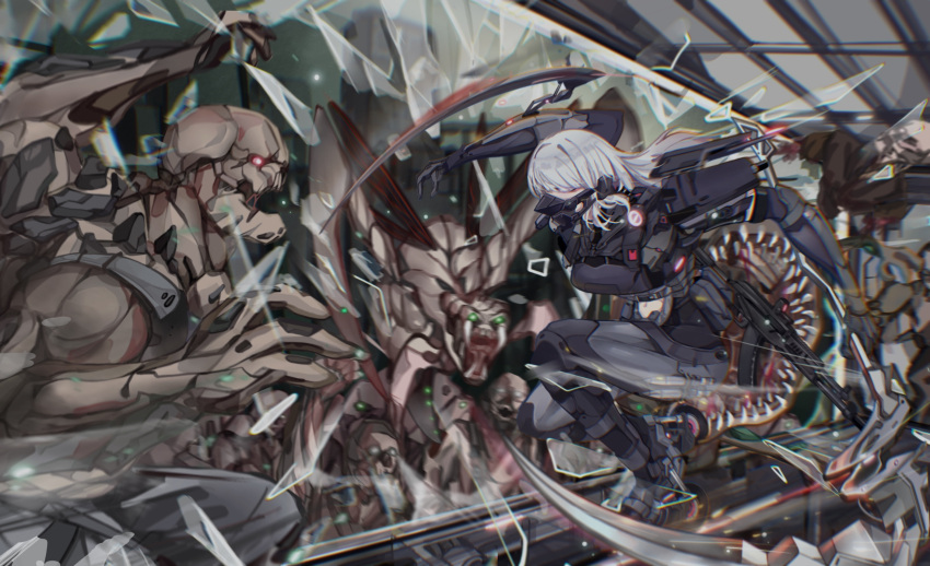 1girl, 6+others, ak-15, ak-15_(girls'_frontline), android, arm_blade, assault_rifle, battle, body_armor, broken_glass, dried_fish_(bilibili155113), elid_(girls'_frontline), fighting_stance, girls_frontline, glass, glowing, glowing_eyes, green_eyes, grey_hair, gun, hair_over_eyes, highres, kalashnikov_rifle, long_hair, mask, midriff_peek, multiple_others, red_eyes, rifle, roller_skates, skates, teeth, weapon