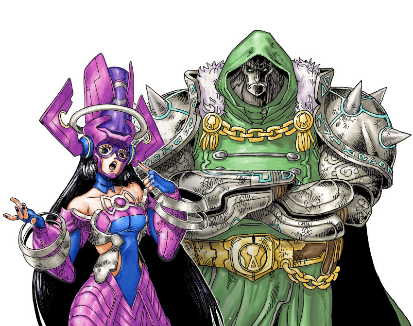 1boy, 1girl, black_hair, crossed_arms, doctor_doom, eiichiroyoda, galacta, gloves