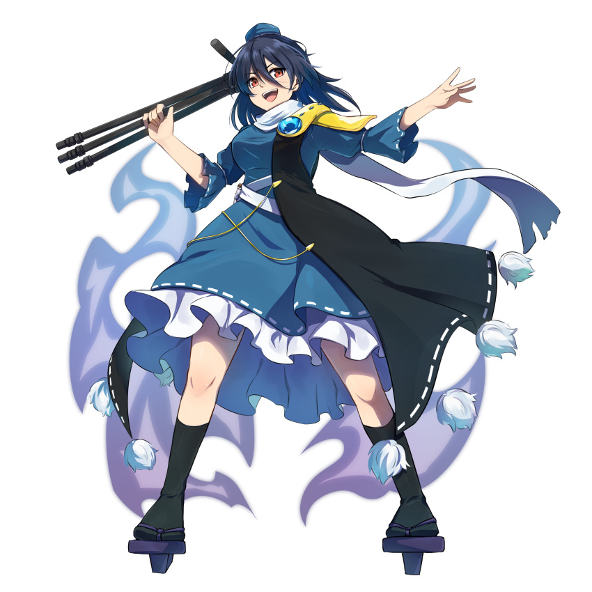 1girl, armor, black_hair, black_socks, blue_dress, coat, dress, full_body